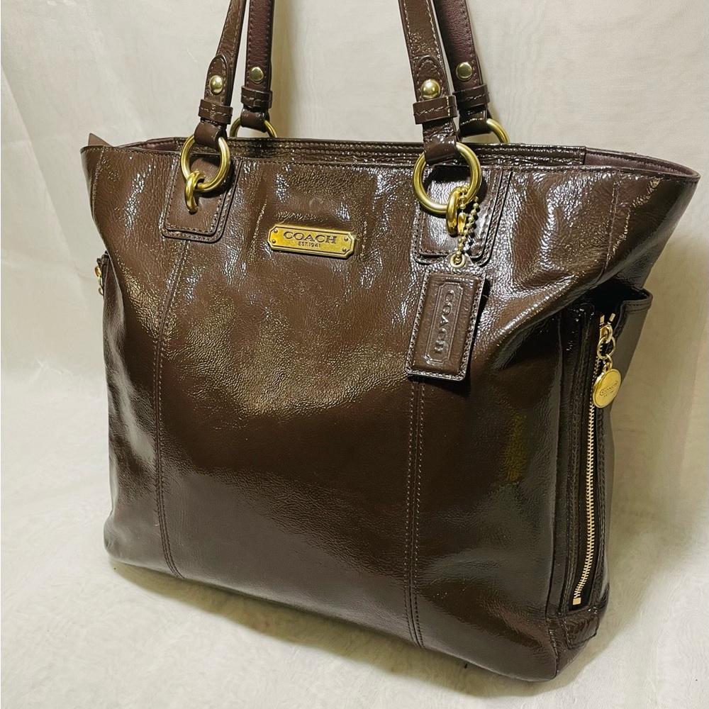 Coach Brown Crinkle Patent Leather Gallery North/South Tote